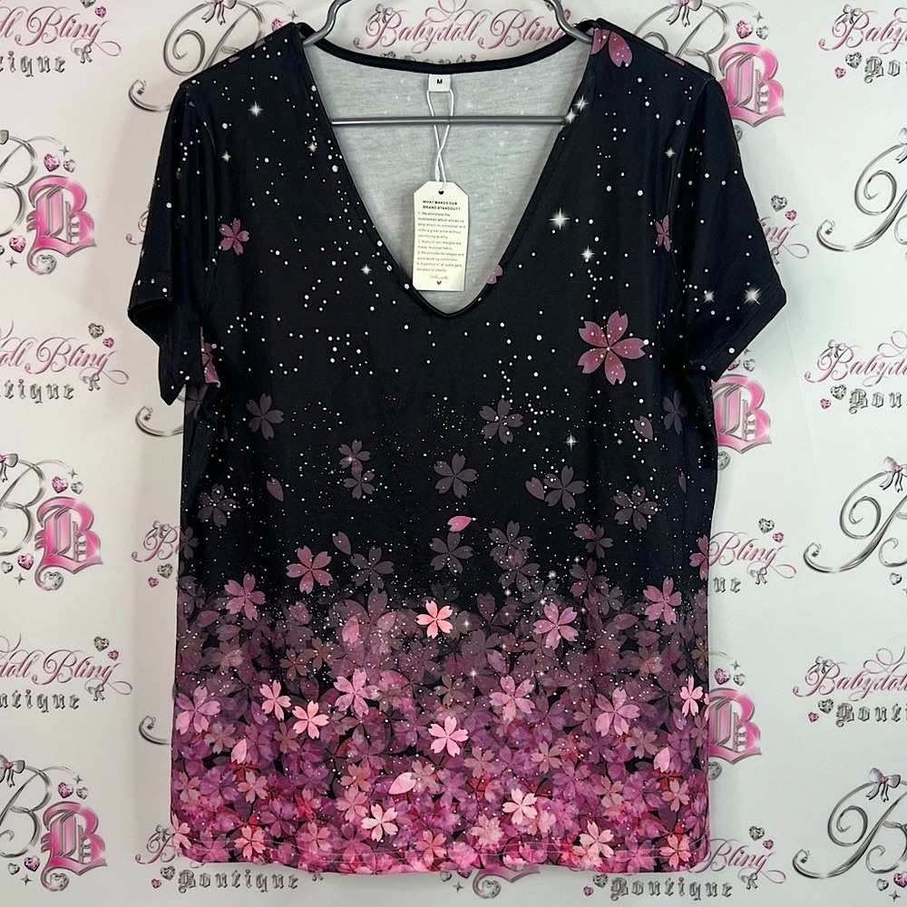 Tshirt tee cherry blossom 🌸 ombré Floral Black and Pink Women's Top sparkle